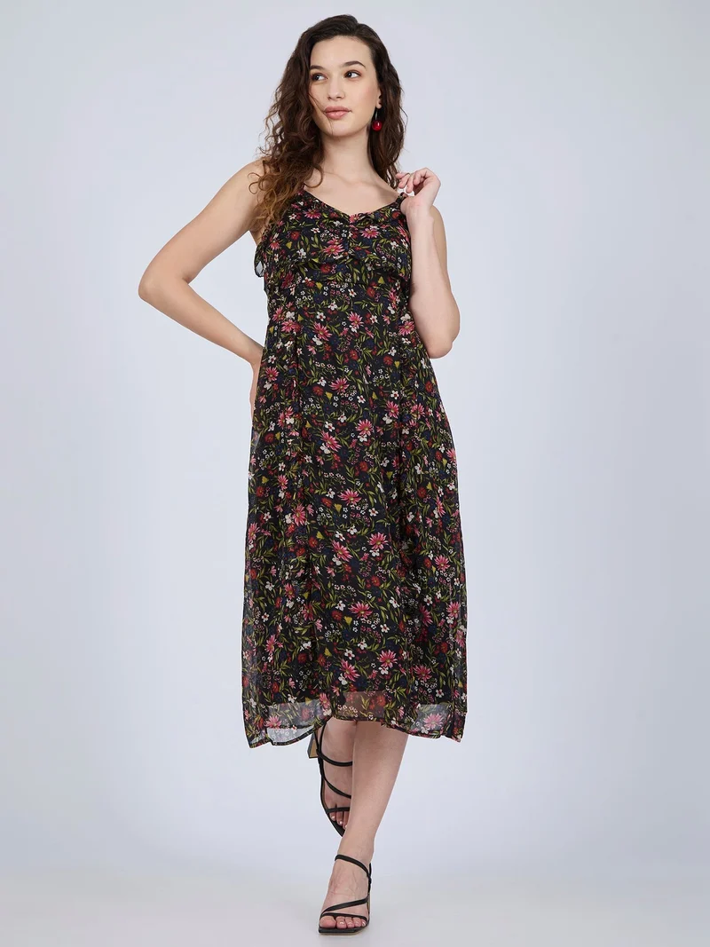 Outzidr Multi Multi Printed Ruffle Midi Dress for Women | Best Price UAE